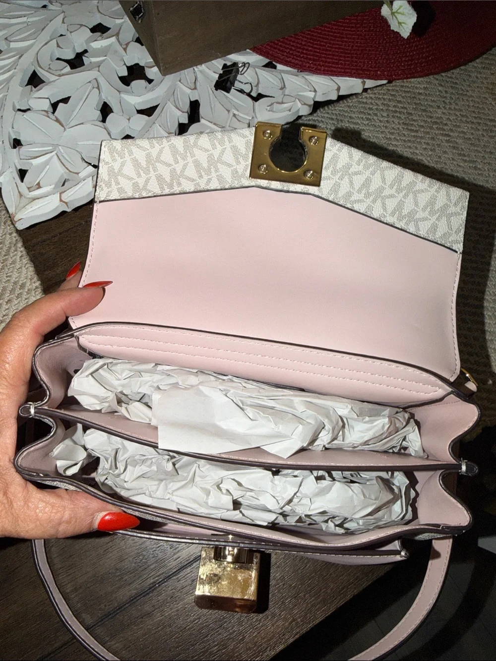Michael Kors Lita Medium Two-Tone Logo Crossbody Bag in a powder blush